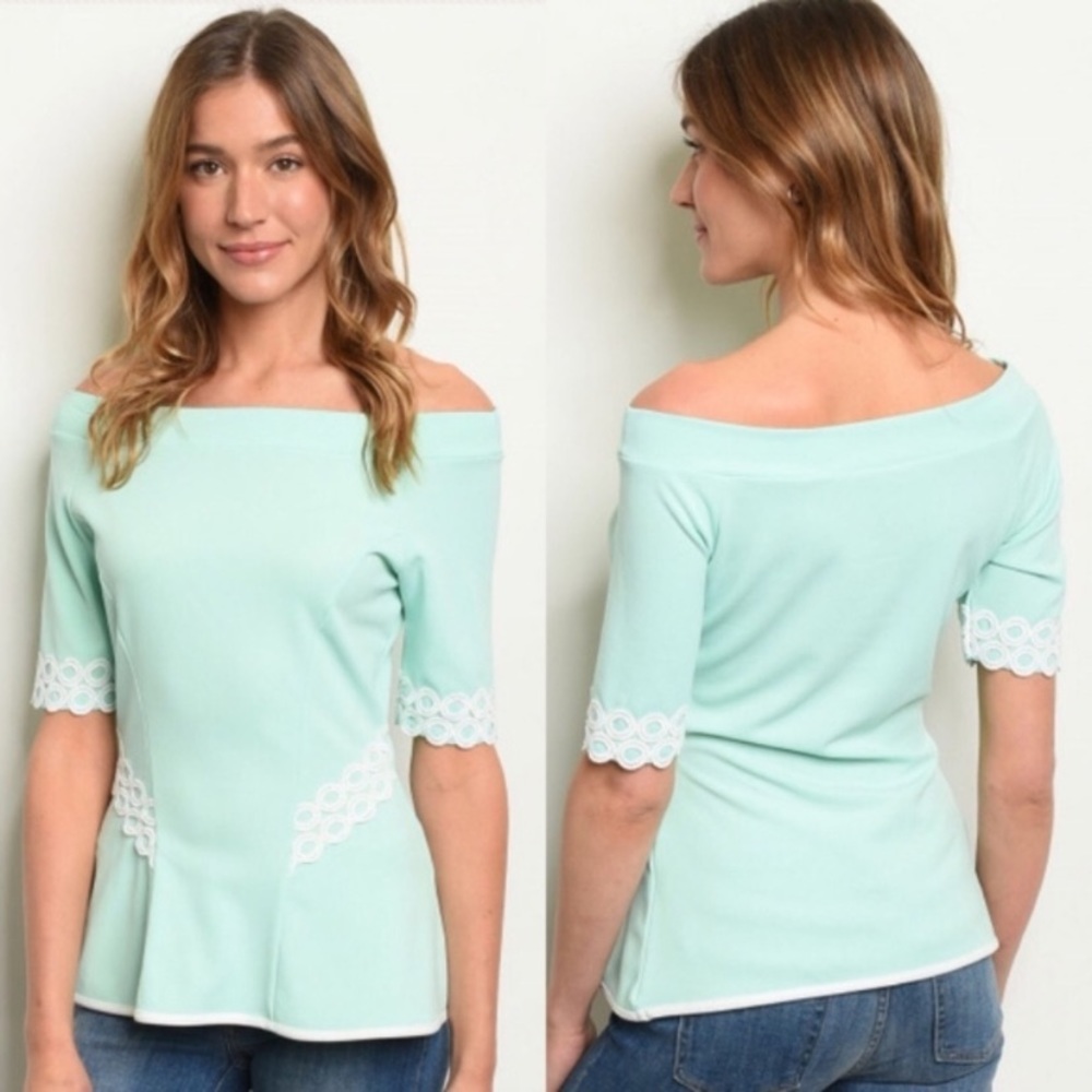 Strapless crochet trim peplum top NWT